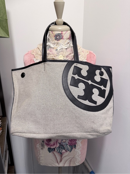 Tory Burch Handbags - Tory Burch Black & Natural Canvas Logo Tote